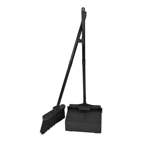 36 Inch Lobby Broom And Dustpan Set With Pivoting Dustpan And Locking Pan, 2-Piece Handle, Compact Commercial Floor Tool For Tight Spaces, Black Ideal For High Traffic Entrances And Everyday Commercial Use