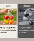Comparison of clear bottom gusset cellophane gift bags 10x14 inches holding fruits, showing strength versus competitor's bag tearing