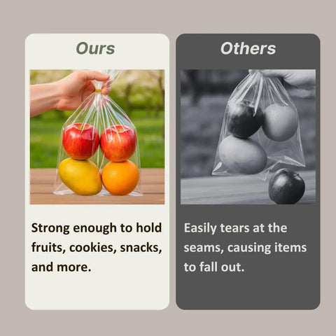 Comparison of clear bottom gusset cellophane gift bags 10x14 inches holding fruits, showing strength versus competitor's bag tearing