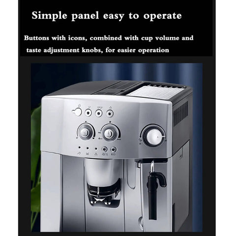 Front view of fully automatic coffee and espresso machine with built-in silent grinder and controls visible