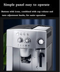 No Sweat Fully Automatic Espresso Machine With Quiet Integrated Grinder control panel featuring buttons and knobs for easy operation.