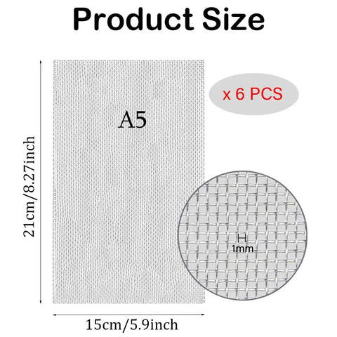6 Pieces Stainless Steel Wire Mesh Sheets 20 Mesh Fine Screen 21x15cm with 1mm holes, shown in product size diagram