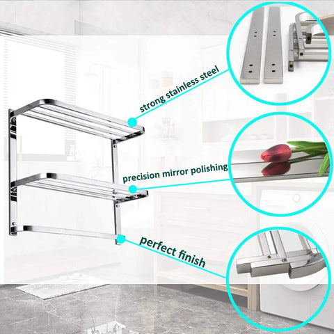 Three Tier Bathroom Shelf With Towel Bars Wall Mount Rack Stainless Steel SUS304 Rust Proof Polished Chrome Finish 20 Inch