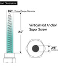 Diagram showing dimensions of Easy Install Vertical Threaded Rod Anchor For Wood And Steel With Zinc Finish No Drill Required Three Eighths Inch Screw Diameter Two Inch Length Ideal For Builders And DIY Pros Quick And Easy Install Durable Zinc Plated Steel 25 Pack, including 2-inch length and 3/8-inch rod diameter.