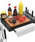 Grill Side Shelf Caddy For Pit Boss 700 And 820 Pellet Grills Easy Access Serving Tray With Paper Towels Holder And 3 Hooks Durable Mounting Shelf For Pit Boss Accessories Your Go To Pellet Grill Upgrade with condiments, cutting board, knives, and utensils.