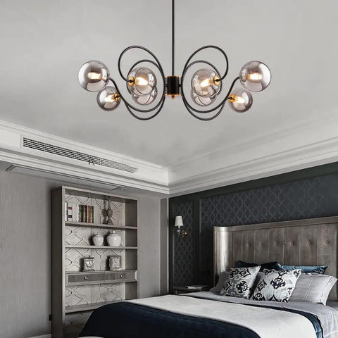 Mid Century Modern Black Eight Light Glass Globe Sputnik Chandelier For Living Room And Dining Room High Ceiling Pendant Light Fixture, Adjustable Height, Smoke Gray Glass, Easy Install, Dope Statement Lighting in bedroom