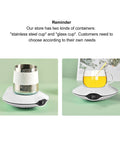 White Electric Cup Warmer And Cooler Mat Dual Purpose Beverage Coaster Usb Powered Thermal Stand with stainless steel and glass cups.