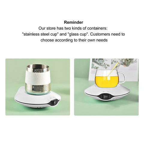 White Electric Cup Warmer And Cooler Mat Dual Purpose Beverage Coaster Usb Powered Thermal Stand with stainless steel and glass cups.