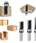 Badass Pattern Flush Trim Router Bit Set Featuring Solid Half Shank Dual Bearing Guides And Razor Sharp Micro Grain Carbide Teeth with wooden blocks.