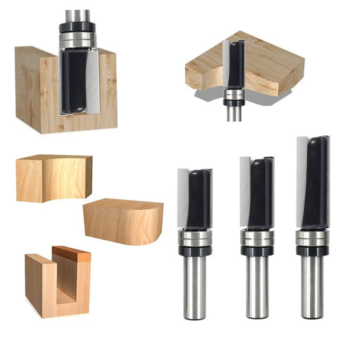 Badass Pattern Flush Trim Router Bit Set Featuring Solid Half Shank Dual Bearing Guides And Razor Sharp Micro Grain Carbide Teeth with wooden blocks.
