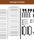Double Sliding Barn Door Set 30x84 Inch White, 5-Panel MDF Sliding Doors With 6 Foot Bypass Hardware Kit parts shown