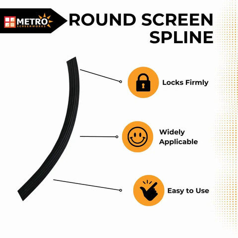 No Fuss Black Vinyl Round Screen Spline For Quick Window And Gate Fixes Super Flexible mesh retainer shown with benefits.