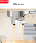 Built In Burr Grinder Espresso Machine With Quiet Operation And Smart Tamping Station dispensing coffee into glass