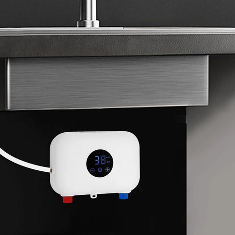 Compact Tankless Water Heater Electric Instant Hot Water Wall Mounted Unit Featuring Digital Display And Slick Thermostat below a sink.