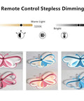 Dope Butterfly Dimmable LED Flush Mount Ceiling Light For Kids Room in pink with stepless dimming and remote control features.
