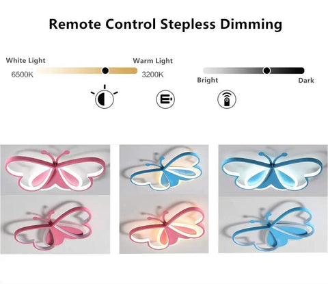 Dope Butterfly Dimmable LED Flush Mount Ceiling Light For Kids Room in pink with stepless dimming and remote control features.