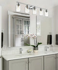 Five Light Chrome Vanity Fixture With Clear Cylinder Glass Shades For Bathroom Hallways And Staircases Modern Indoor Wall Sconce Lighting