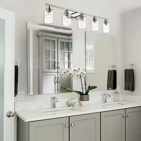 Five Light Chrome Vanity Fixture With Clear Cylinder Glass Shades For Bathroom Hallways And Staircases Modern Indoor Wall Sconce Lighting