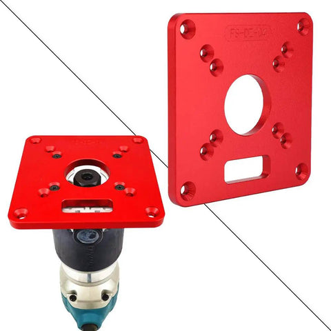Kickass Router Table Insert Plate Slick Hard Anodized Aluminum 6061 Mount For Makita Routers angled view with visible router attachment.