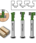 Three-piece Keyhole Router Bits Set for Wood with one quarter inch shank, blade diameters 5/16, 3/8, and 1/2 inch