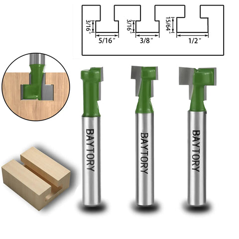 Three-piece Keyhole Router Bits Set for Wood with one quarter inch shank, blade diameters 5/16, 3/8, and 1/2 inch