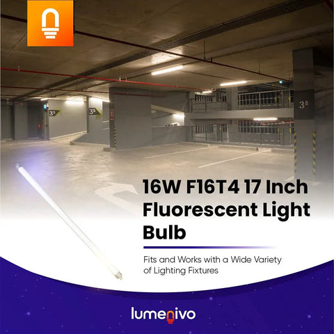 16W F16T4 17 Inch Fluorescent Light Bulb Replacement for Furnlite FC952 with G5 Mini Bi Pin Base in a parking garage display