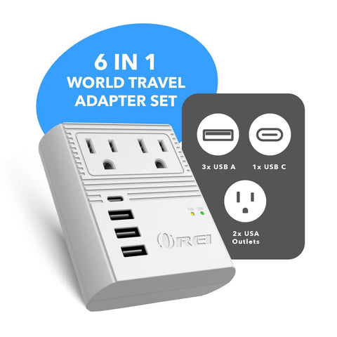 World Travel Plug Adapter M8 Max with 3 USB Ports and 18W USB C Fast Charge, 2 US Outlets, all-in-one charger