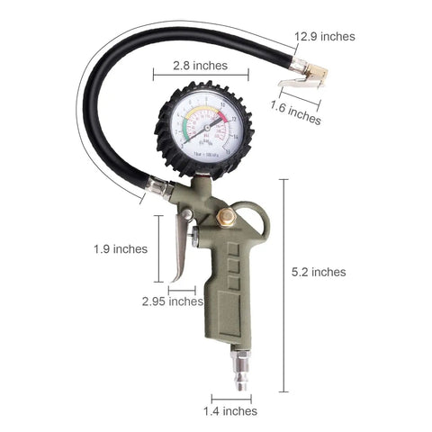 Heavy Duty Tire Inflator With 0-220 PSI Dial Gauge Durable Rubber Hose And Quick Coupler Precision Tire Pressure Tool