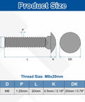 Heavy Duty 20 Pack M8 X 20mm Square Neck Carriage Bolts crafted from premium 304 stainless steel size specifications diagram.