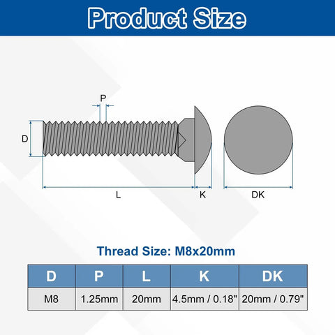 Heavy Duty 20 Pack M8 X 20mm Square Neck Carriage Bolts crafted from premium 304 stainless steel size specifications diagram.