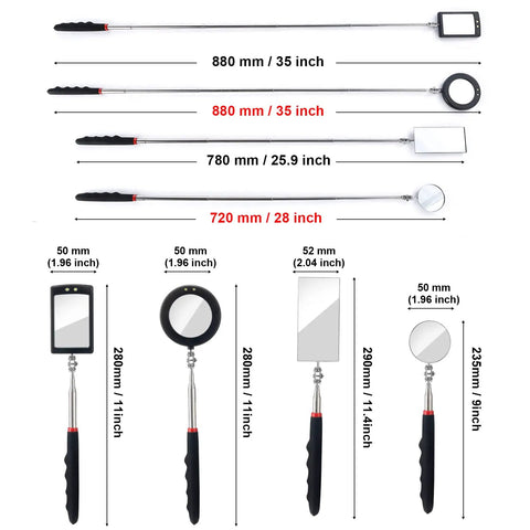 Telescoping LED Inspection Mirror Set Of 4 With 2 Vehicle Mirrors And 2 Lighted Mirrors Extendable Rods Rectangle And Round Heads