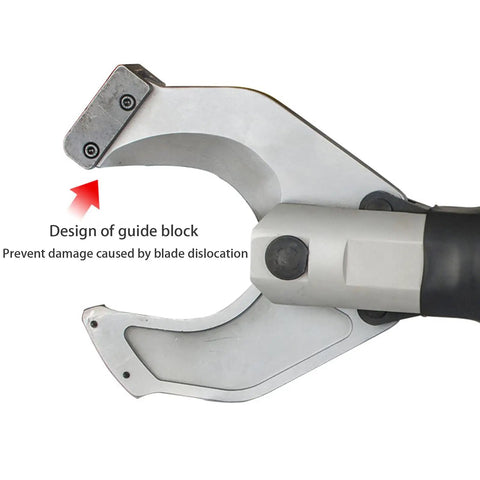 Close-up of battery powered hydraulic cable cutter for up to 105mm copper and aluminum cable with guide block design.