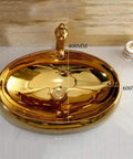 Heavy Duty Ceramic Vessel Sink For Modern Bathrooms With Included Faucet Dope Gold Oval Basin, top view with faucet.