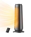 Ceramic Tower Space Heater 1500W with Oscillation Remote Control in gray, emits warm air, ideal for cozy living room use.