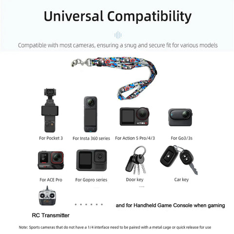 Adjustable Anti Drop Lanyard Neck Strap For FPV Transmitters And Drone Controllers Soft Polyester Comfort Snug Fit For Avata 2 Avata FPV Controller 3 2 Phantom 3 4 Remote shown with compatible devices including cameras and keys.