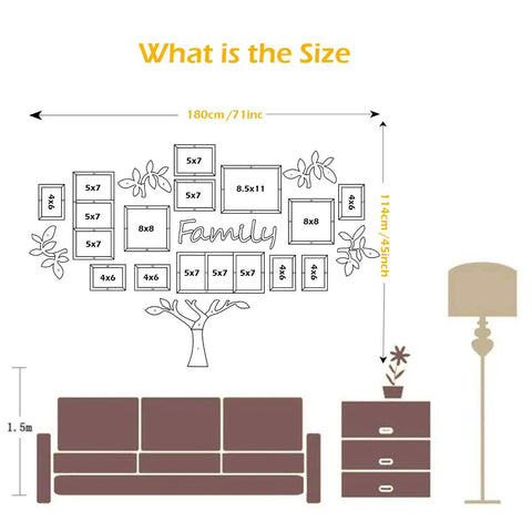 Family Tree Wall Decal Kit With 3D Picture Frame Collage, DIY Stickers, Easy Peel And Stick, size diagram above sofa.