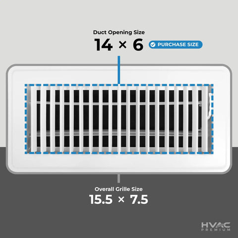 Floor Register With Louvered Design And Damper Lever White 14 by 6 Inch Duct Opening Outer Frame 15.5 by 7.5 Inch