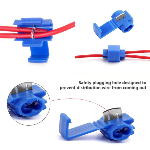 150 pcs quick-splice wire connectors, blue insulated, 22-10 AWG; front, side, and installed views.