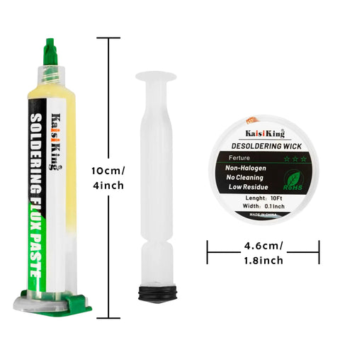 No Clean Soldering Flux Paste And Desoldering Wick Kit For Quick Electronics Repairs Pro Grade Rosin Flux For PCB SMD And DIY Projects Point One Inch Braided Copper Wick with 10cc paste and 3m wick