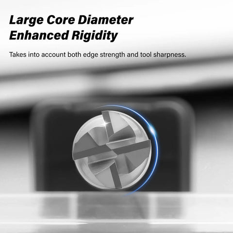 Top view of Three Piece 3/16 Inch Carbide End Mills Set, Four Flute, AlTiN Coated CNC Milling Bits, showing large core diameter.
