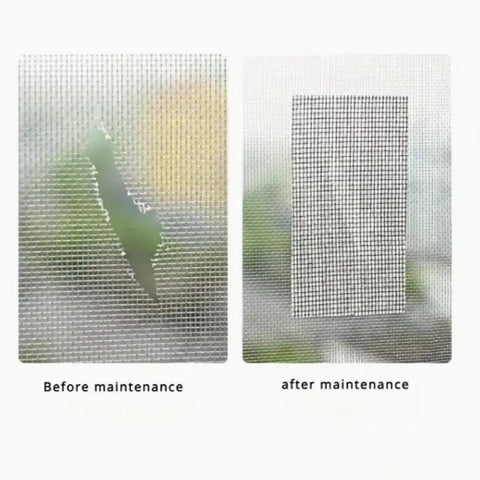 Before and after using Heavy Duty Mosquito Mesh Repair Tape 2M Patch for Dorm Screens and Curtains, Quick Fix for Holes and Tears.