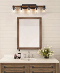 Five Light Farmhouse Vanity Light With Wood And Black Finish For Bathroom And Bedroom Dope Rustic Wall Sconce Vibe above mirror