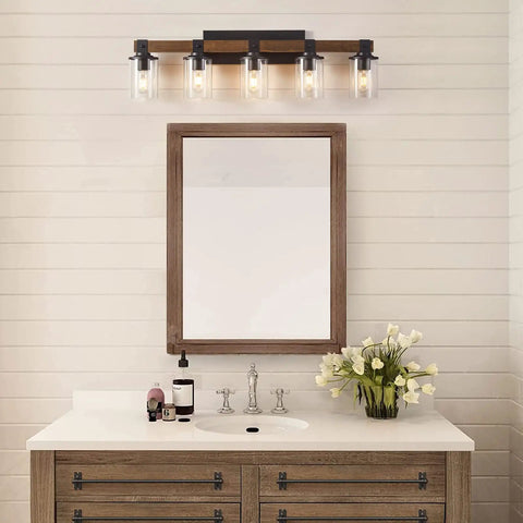 Five Light Farmhouse Vanity Light With Wood And Black Finish For Bathroom And Bedroom Dope Rustic Wall Sconce Vibe above mirror