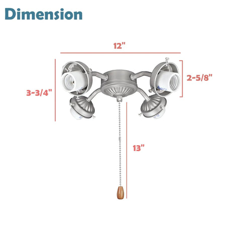 Diagram of Four Light Ceiling Fan Light Kit In Brushed Nickel With Pull Chain, showcasing dimensions, 12-inch diameter, 13-inch length.