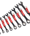 Badass 9 Piece Black Chrome Non Reversing Ratcheting Combination Wrench Set With Tether Ready Spline Heads on display with red tether straps.