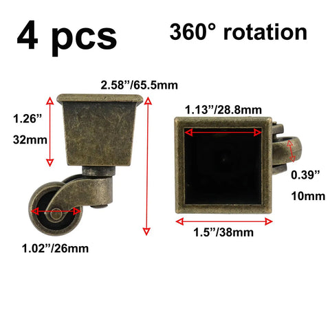 Four Pack Retro Bronze Square Base Caster Wheels With Heavy Duty Silent Ball Bearings And Ridiculously Smooth 360 Mobility So Your Furniture Rolls Like A Champ, dimensions shown.