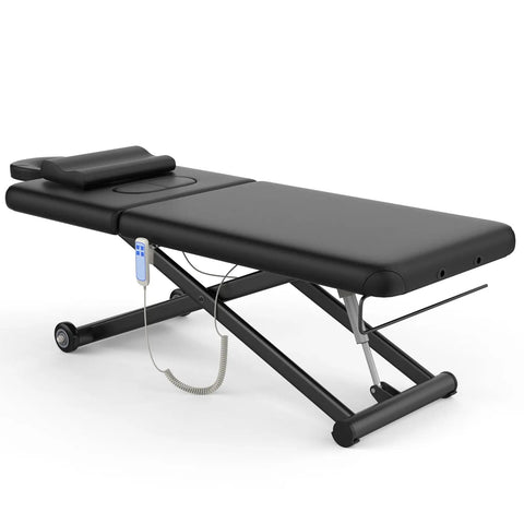 Dolonm Heavy Duty Electric Massage Table With Adjustable Lift And Backrest shown in black, featuring remote control and cushioned platform.