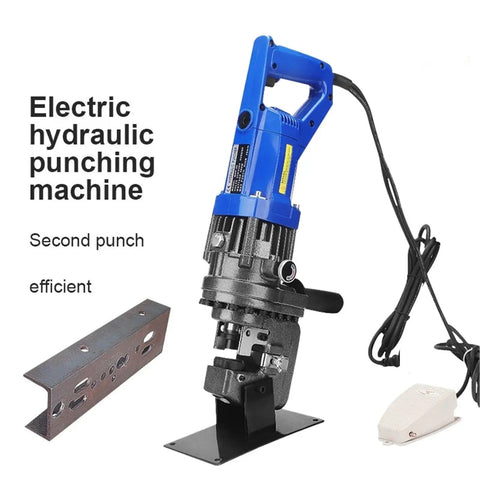 Electric Hydraulic Crimping Tool Makes Quick Work of Angle Iron, Channel Steel, and Stainless Steel for Photovoltaic Installs and Custom Fabrication with Precision Cutting Beveling and Short Groove Capabilities for Badass Project Results with electric hydraulic punching machine and metal piece.