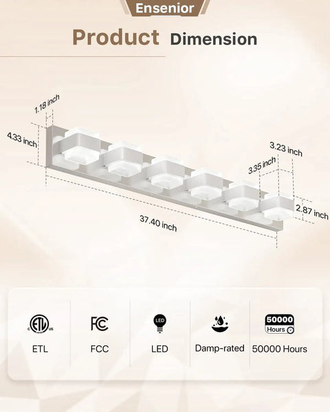 Product dimension diagram for Modern Black Vanity Light Fixtures Over Mirror Three Light 18.5 Inch Dimmable LED Vanity Lighting