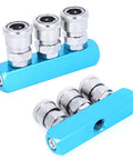 Aluminum Quick Connect Air Hose Coupler with Push In Design, shown in blue, durable manifold connector for air compressors.